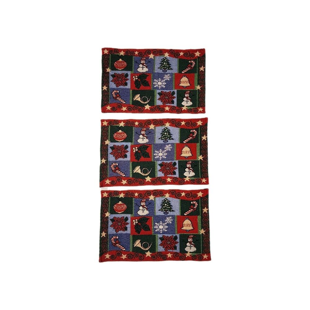 Set Of 3 Tapestry Woven Christmas Placemats Snowman Tree  Bell